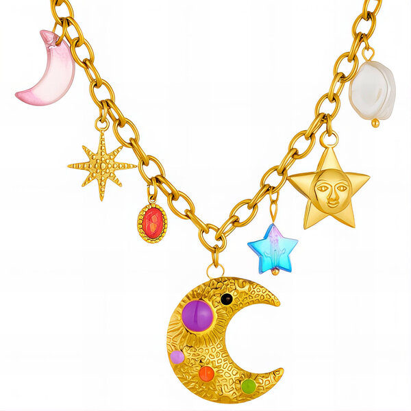"Crescent And Star" Necklace, 18K Gold Plated Steel