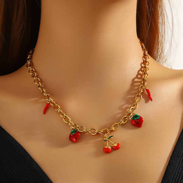 "Strawberry" Necklace, 18K Gold Plated Steel