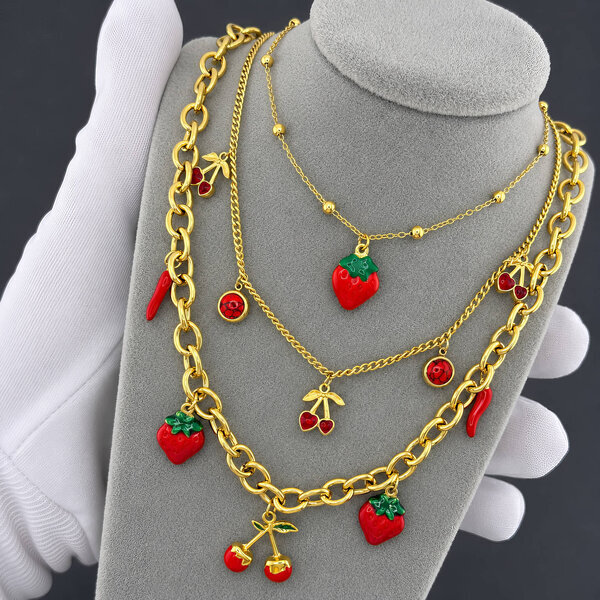 "Strawberry" Necklace, 18K Gold Plated Steel