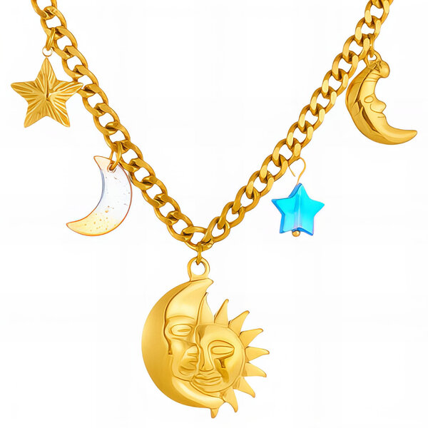 "Crescent And Sun" Necklace, 18K Gold Plated Steel