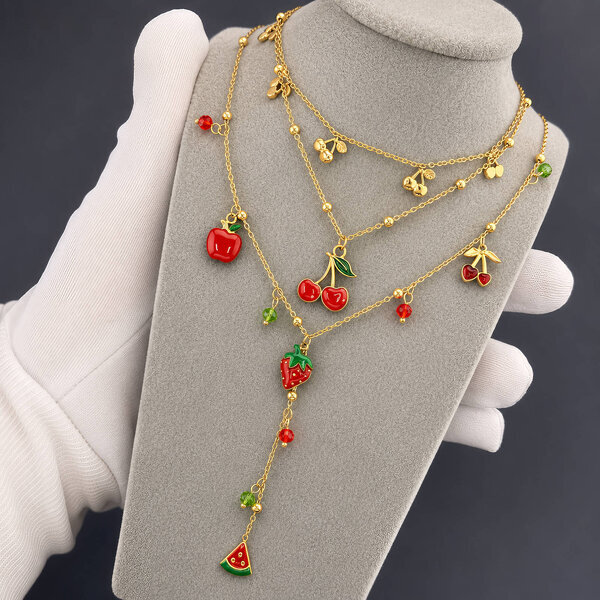 "Strawberry" Necklace, 18K Gold Plated Steel