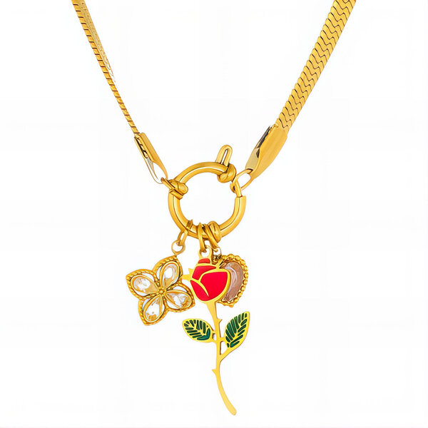 "Flowers" Necklace, 18K Gold Plated Steel
