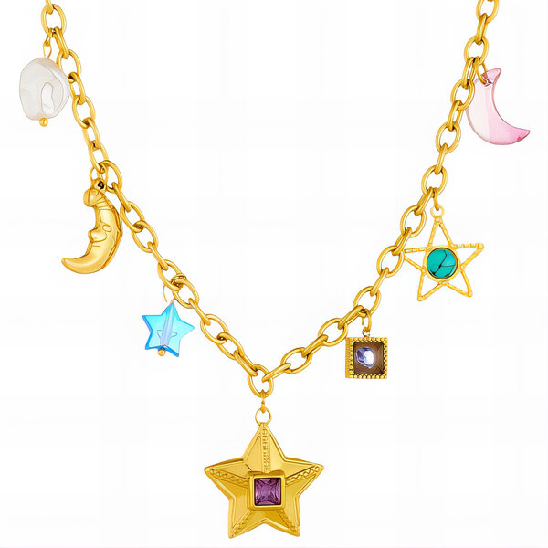 "Crescent And Star" Necklace, 18K Gold Plated Steel