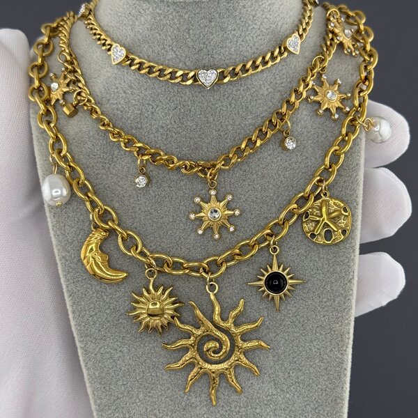 "Crescent And Sun" Necklace, 18K Gold Plated Steel