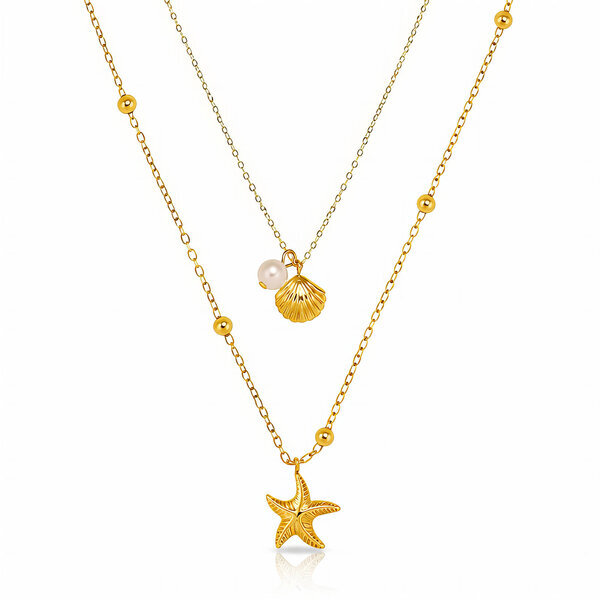 "Starfish And Seashell" Necklace, 18K Gold Plated Steel