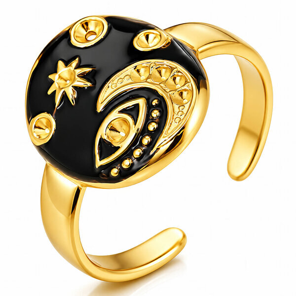 "Crescent And Star" Ring, 18K Gold Plated Steel