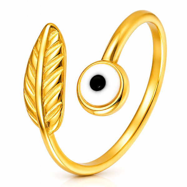 "Evil Eye, Leaf" Ring, 18K Gold Plated Steel