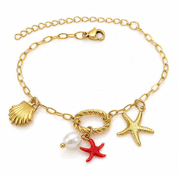 "Seashells and Starfishs" Bracelet, 18K Gold Plated Steel