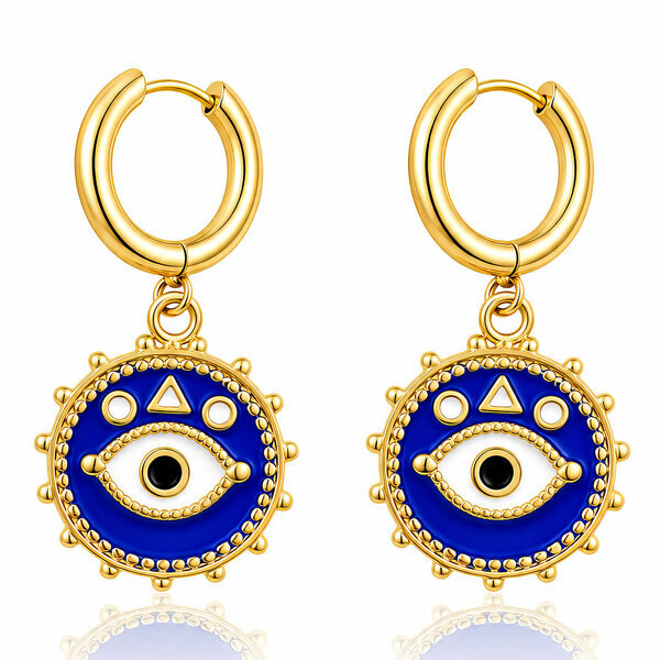 "Evil Eye" Earrings, 18K Gold Plated Steel