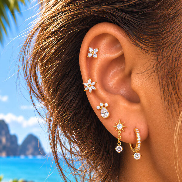 "Flowers" PVD Gold-Plated Brass Earrings - Ear Stack