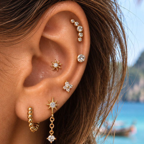 "Flowers" PVD Gold-Plated Brass Earrings - Ear Stack
