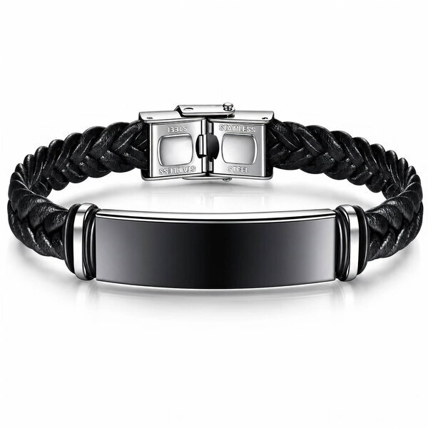 Engraving-ready Men's Black PVD Leather Bracelet - Prime Code