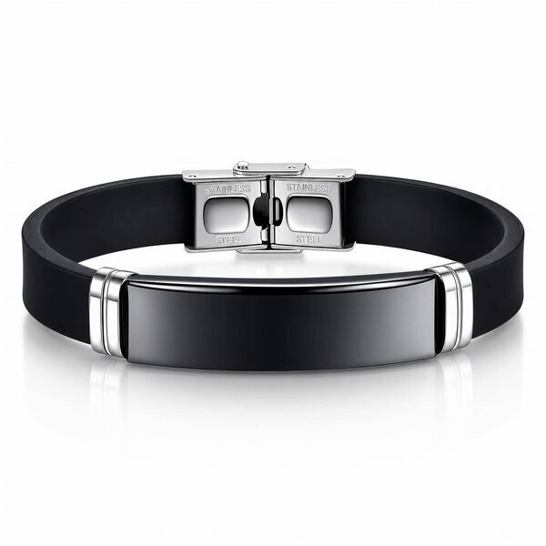 Engraving-ready Men's Black PVD Leather Bracelet - Prime Code