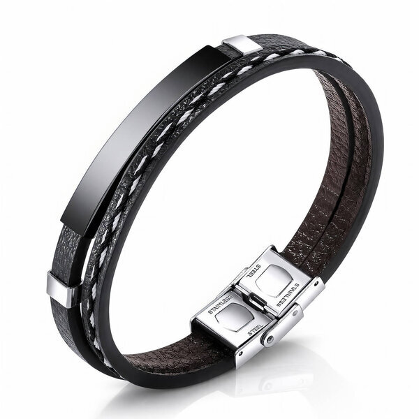 Engraving-ready Men's Black PVD Leather Bracelet - Prime Code