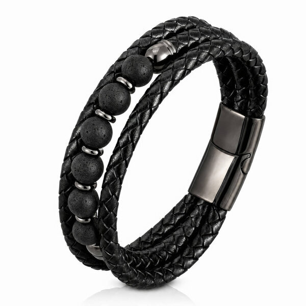Men's Black PVD (TiCN) Leather Bracelet - Prime Code