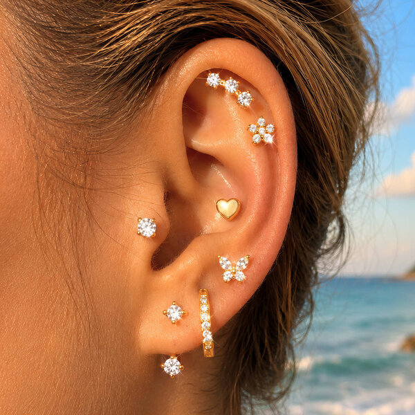 "Flower" PVD Gold-Plated Steel Single Earring - Ear Stack