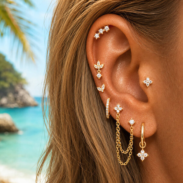 "Flower" PVD Gold-Plated Steel Single Earring - Ear Stack