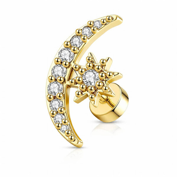 "Crescent And Star" PVD Gold-Plated Steel Single Earring - Ear Stack