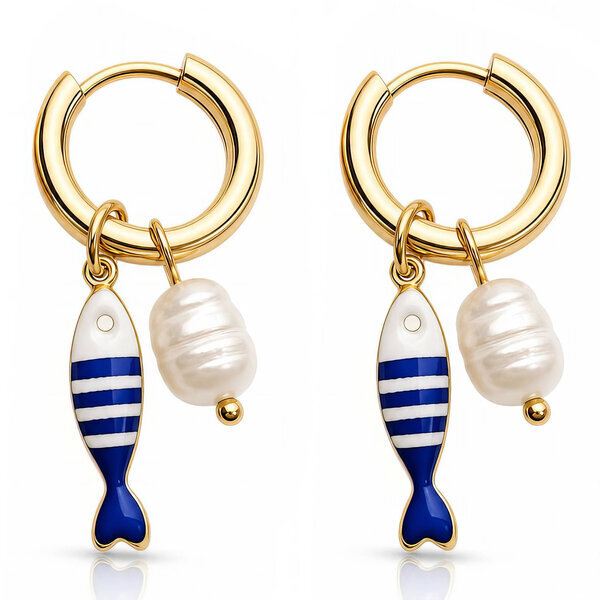 "Fish" PVD Gold-Plated Steel Earrings with Freshwater Pearl - Bubble Pop