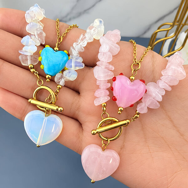 "Heart" PVD Gold-Plated Natural Stone Necklace - Bubble Pop