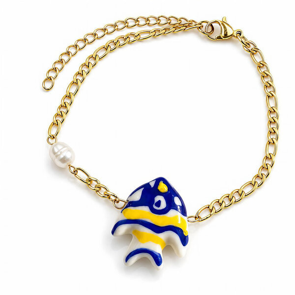 "Fish" PVD Gold-Plated Acrylic Bracelet with Freshwater Pearl - Bubble Pop