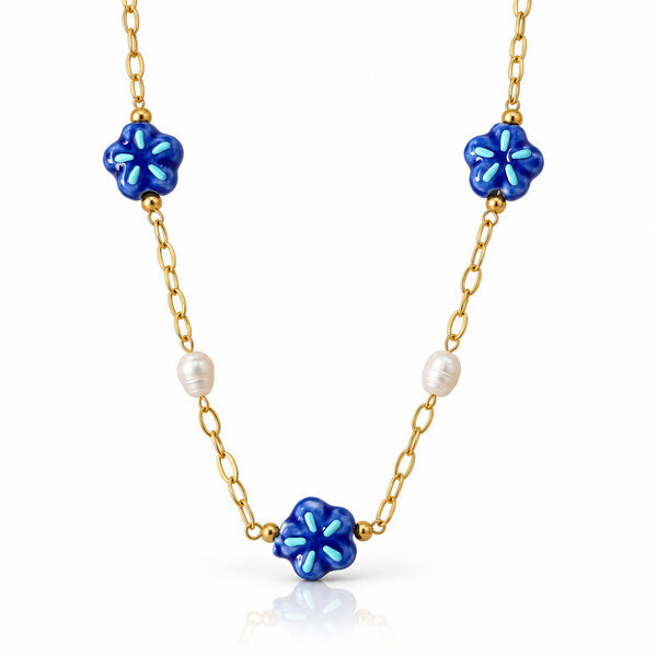"Flowers" PVD Gold-Plated Steel Necklace with Freshwater Pearl - Bubble Pop