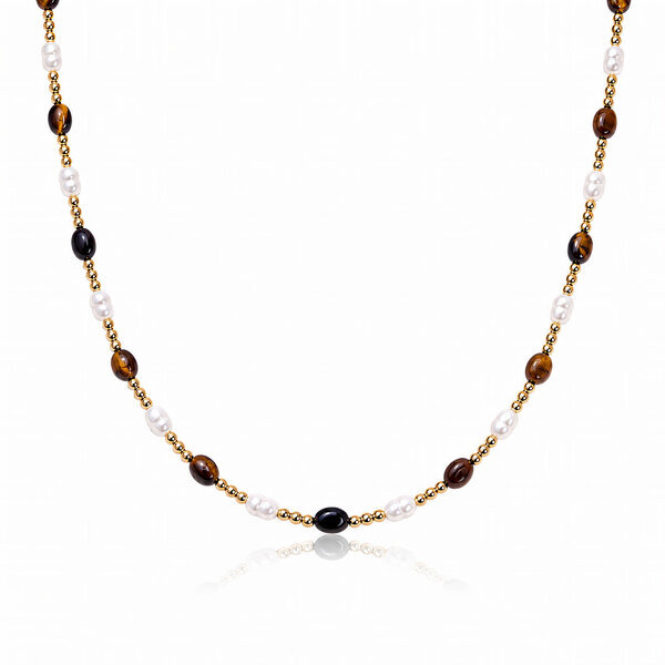 PVD Gold-Plated Natural Stone Necklace with Freshwater Pearl - Bubble Pop