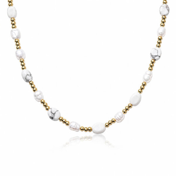 PVD Gold-Plated Natural Stone Necklace with Freshwater Pearl - Bubble Pop