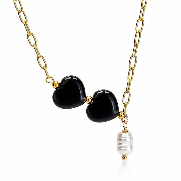 "Hearts" PVD Gold-Plated Steel Necklace with Freshwater Pearl - Bubble Pop