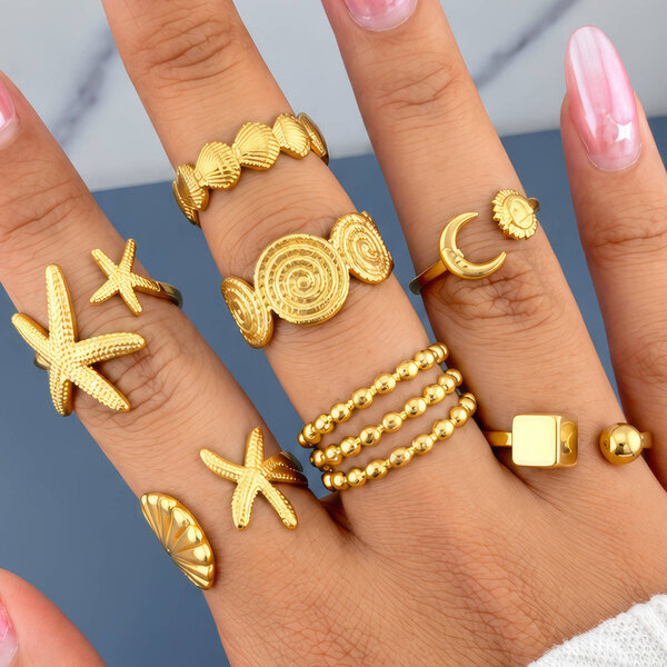 "Seashells and Starfishs" PVD Gold-Plated Steel Ring - Intensity