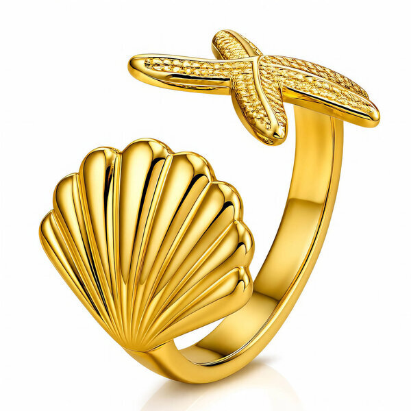 "Seashells and Starfishs" PVD Gold-Plated Steel Ring - Intensity