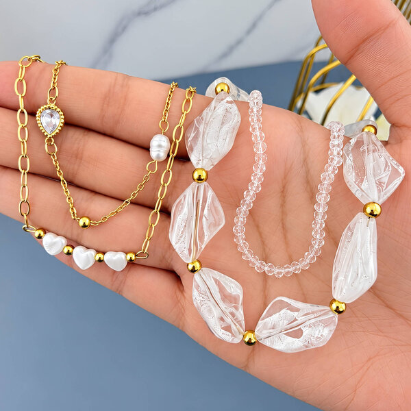 PVD Gold-Plated Steel Necklace with Freshwater Pearl - Bubble Pop