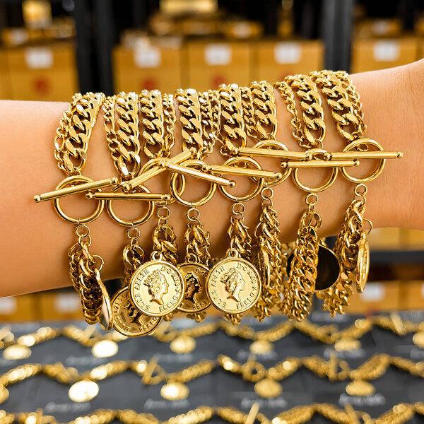"Coin" Bracelet, 18K Gold Plated Steel